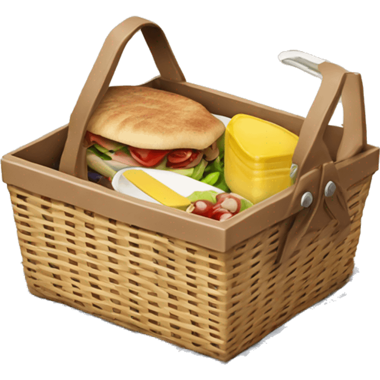 Realistic picnic lunch basket with lid open and food and dishes inside  emoji