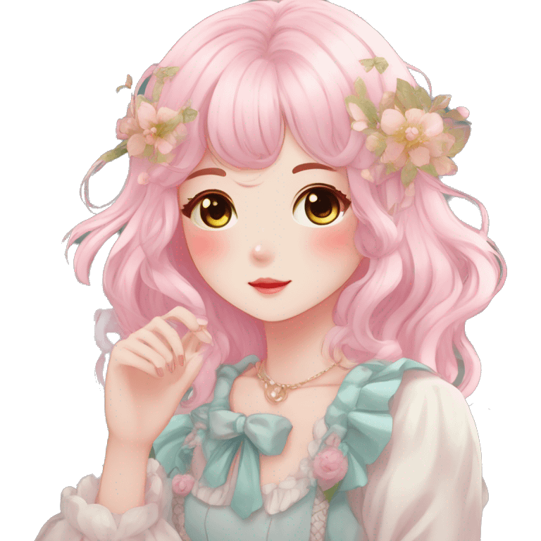 Gorgeous anime style lady with blushing face and accessories cottagecore fairycore  Kawaii anime colorful pearly romantic simplistic aesthetic trending stylea emoji