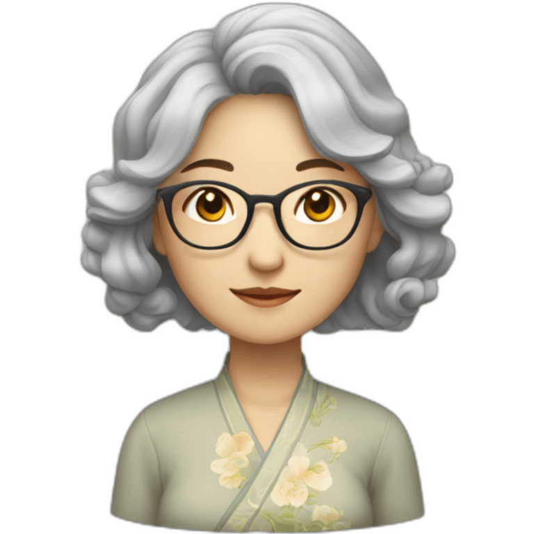 Chinese lady with lightly grey wavy hair to shoulder length wearing glasses wear Chinese dress emoji