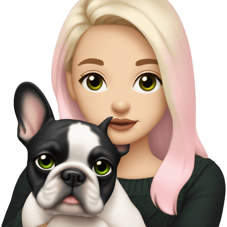 Dirty blonde girl with dark green eyes in black sweater cuddling with her pied french bulldog who has black head with white line between eyes and pink harness emoji