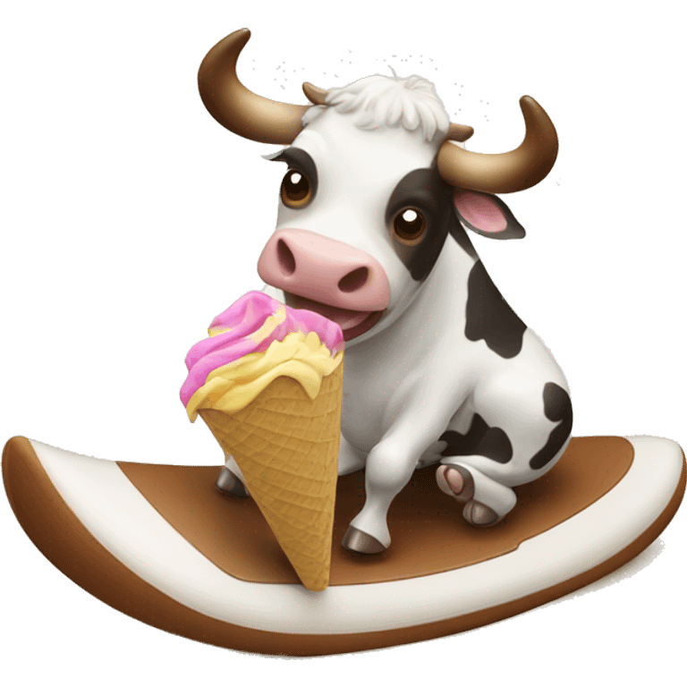 Cow surfing on a beach and eating an icecream emoji