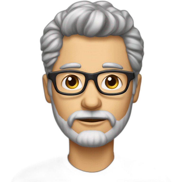 hombre de 55 años con el pelo muy corto y ondulado canoso, barba canosa cortita, boca grande y labios muy carnosos, ojos color gris claro, lentes de color negro emoji