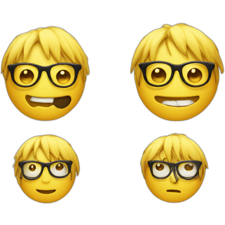 Yellow emoji with teeth, glasses and bangs emoji