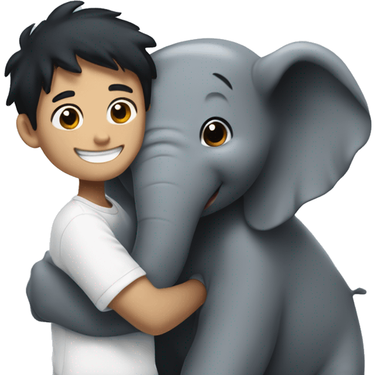 Boy with white skin and black hair hugs an smiling elefant emoji