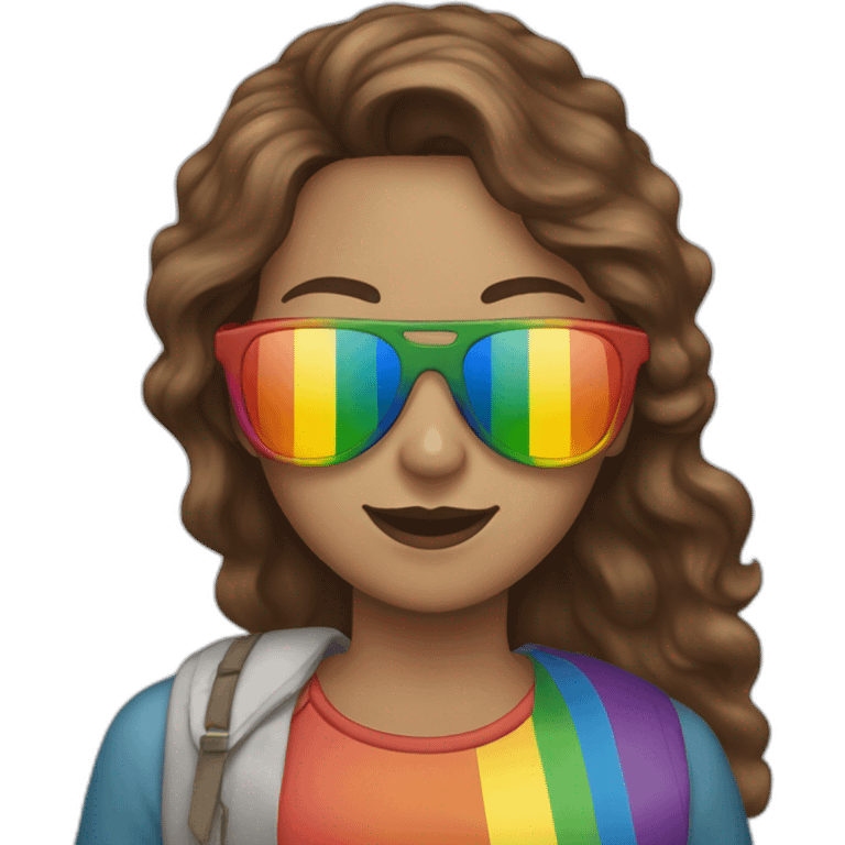 female with brown wavy hair, holding a rainbow flag,rainbow sunglasses  emoji