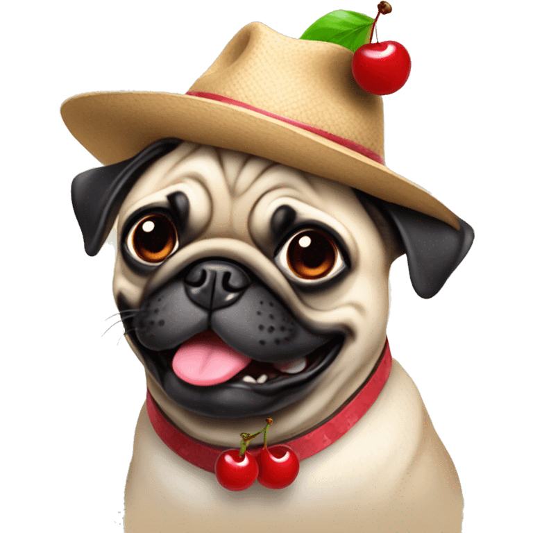 Fun pug wearing cherry collar and hat with cherries emoji