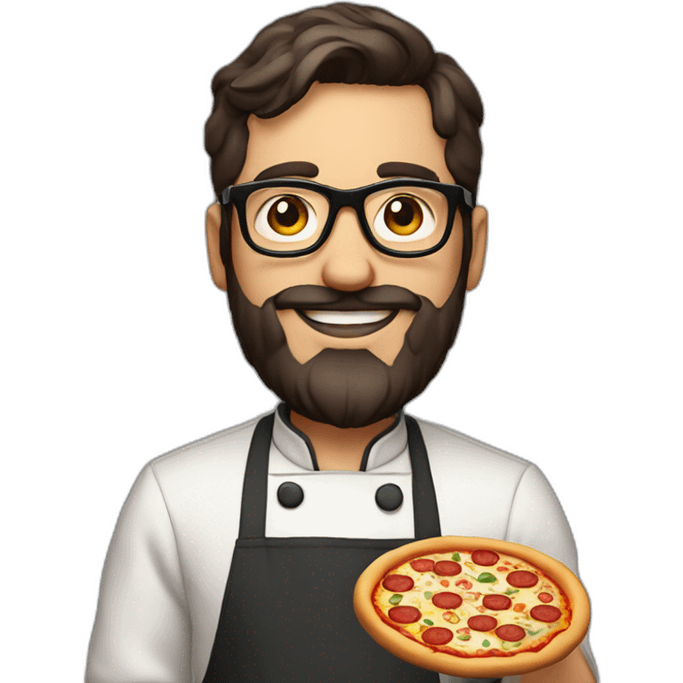 30 years old chef with beard and smooth short dark hair and big glasses proudly holding a pizza emoji