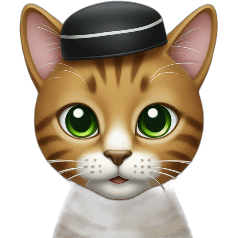 Brown cat with black stripes and white mustache and the contour of the white mouth and green eyes with a brush pencil and a beret emoji