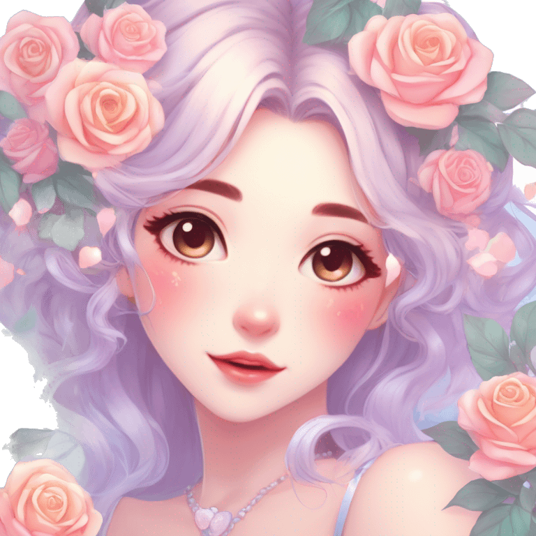 Gorgeous pastel shiny pearly colorful anime style lady with blushing face and roses leaves shiny cottagecore fairycore pastelcore aesthetic trending style emoji