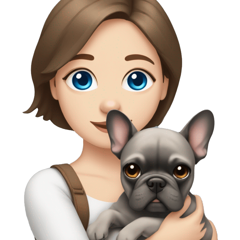 grey french bulldog blue eyes and A girl with brown hair hugging emoji