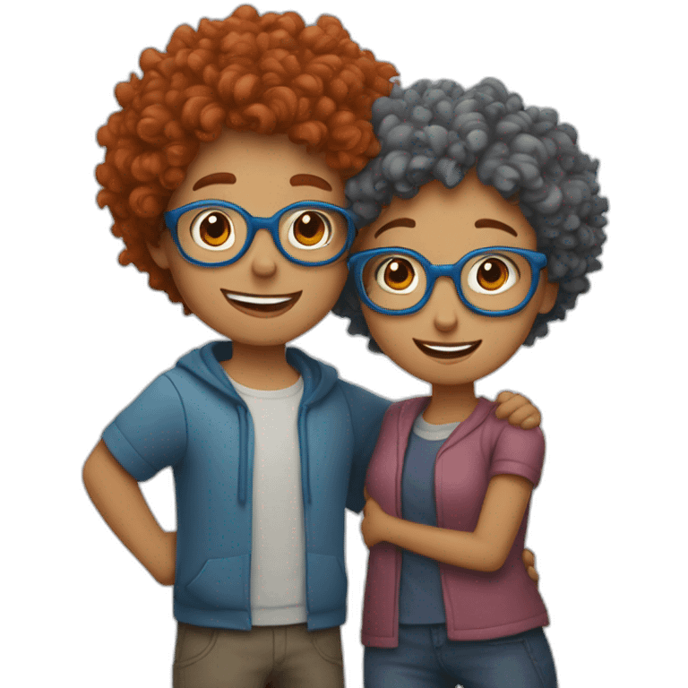 a girl with red curly hair and blue glasses hugging a boy with gray hair emoji