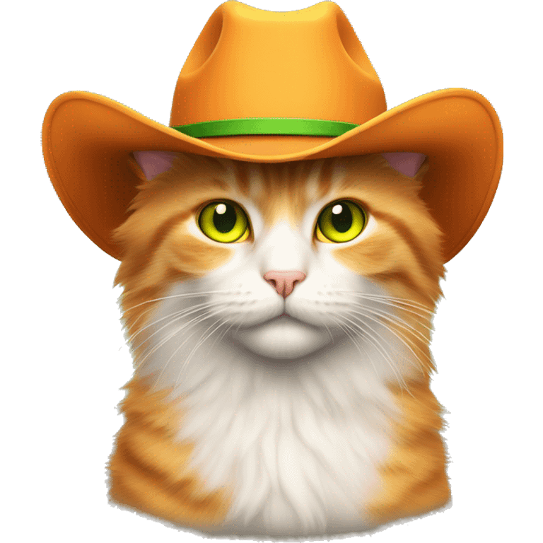 Orange fluffy cat with yellow green eyes wearing cowboy hat emoji