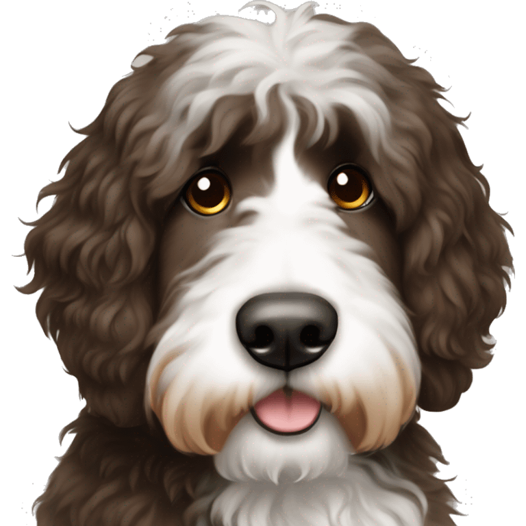 Bernedoodle with fringe over eyes dark brown with white in the cent emoji