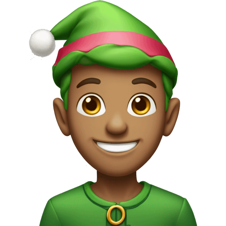 Christmas elf with a green hat, light skin, rose-colored nose, and a bg smile. emoji