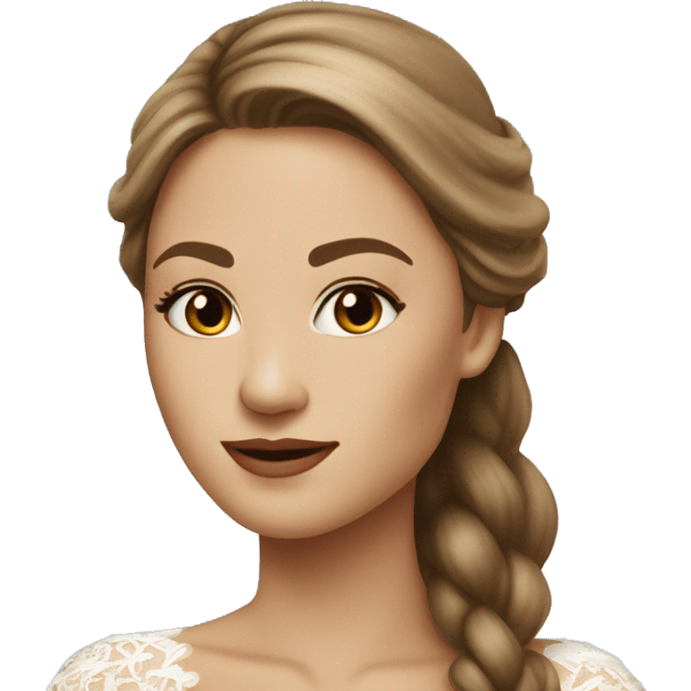 Beautiful woman with long straight light brown hair wearing a long sleeved laced wedding dress emoji