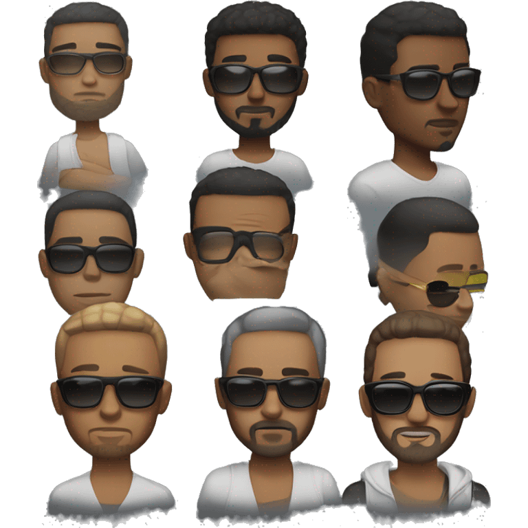 Create a male emoji, with mixed race characteristics, short hair, short and clean beard, black beach glasses, urban clothing. emoji