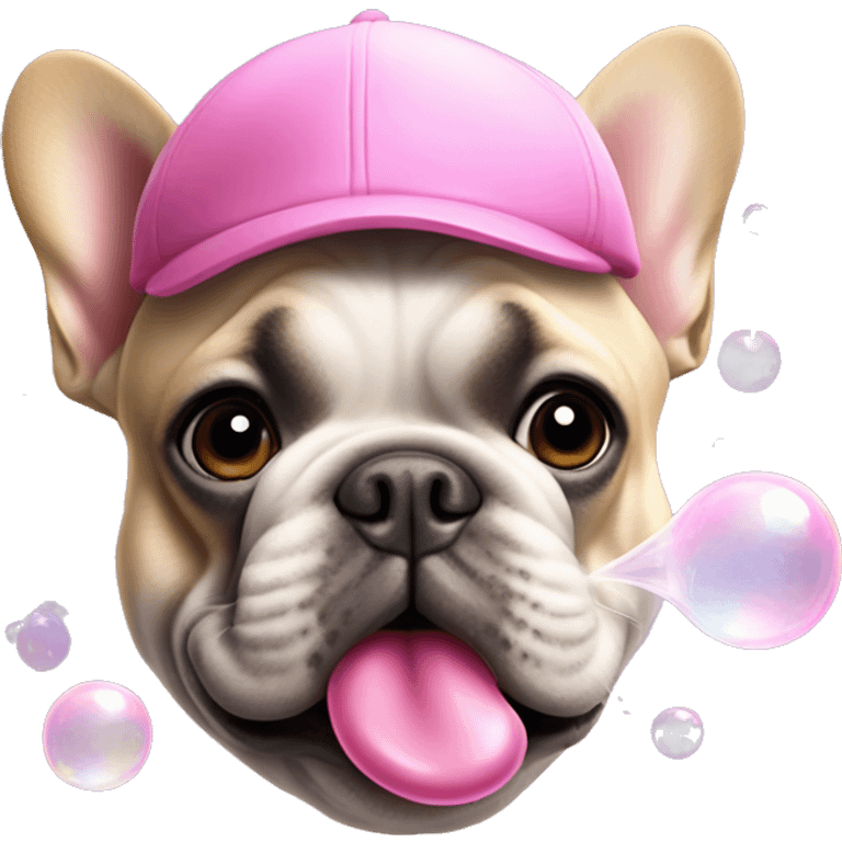 french bulldog head in pink cap blowing soap bubble emoji