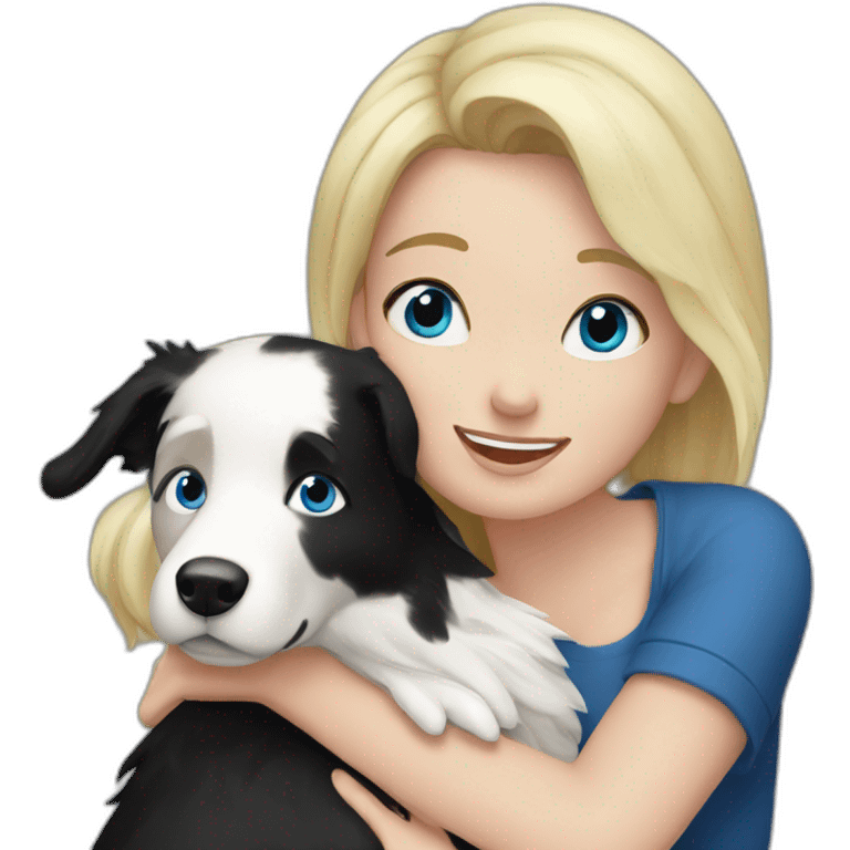 Blond hair with blue eyes mom hugging black and white border collie emoji