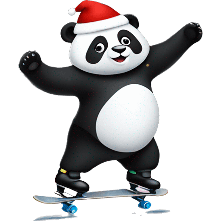 Panda wearing a Santa hat ice skating on a pond with Christmas lights  emoji