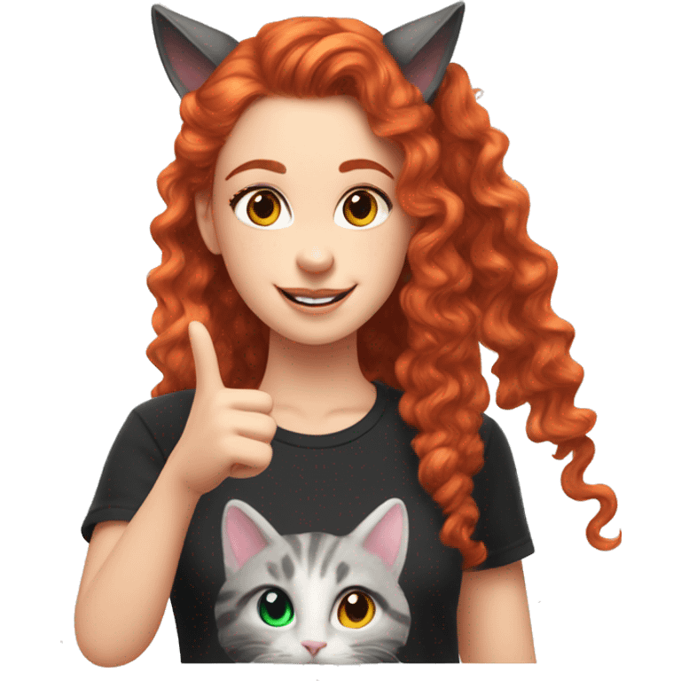 a white girl with long red curly hair in a pony tail with rainbow shirt does peace sign wearing cat ears one black other white emoji