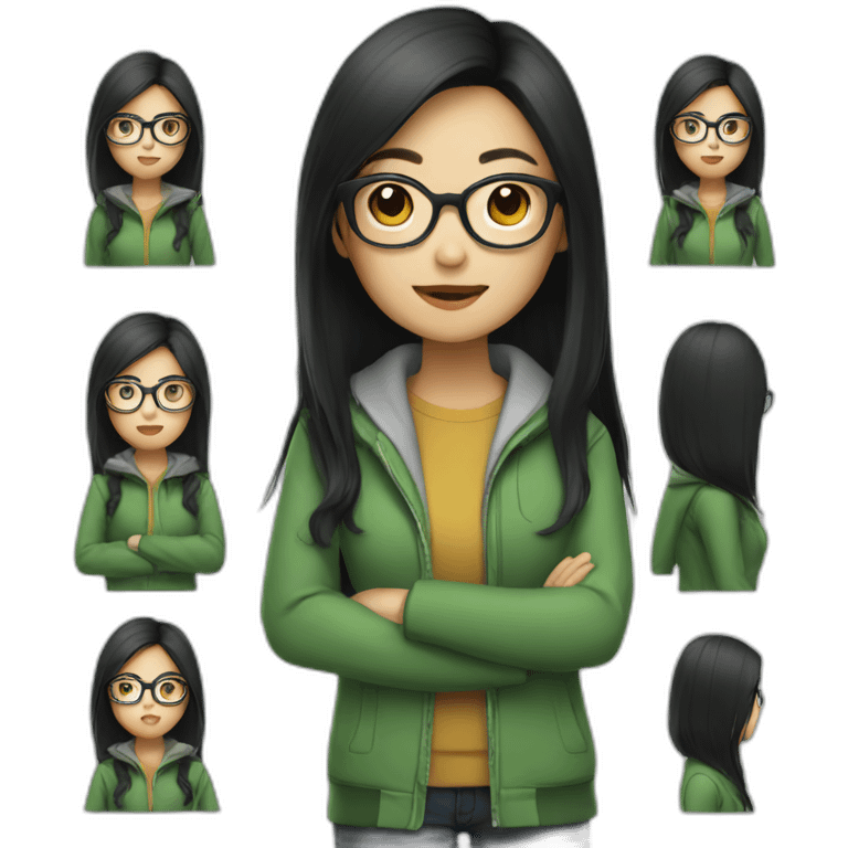 Asian girl with long black hair and glasses wearing green jacket emoji