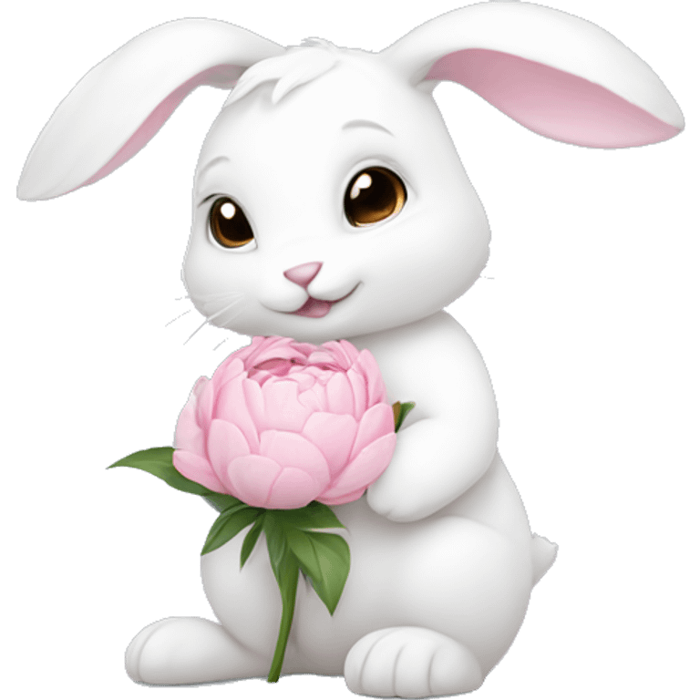 cute white bunny holding light pink peonies emoji