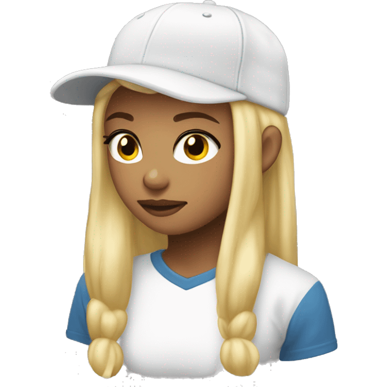 Girl with blonde ponytail Baseball cap white long sleeved shirt emoji