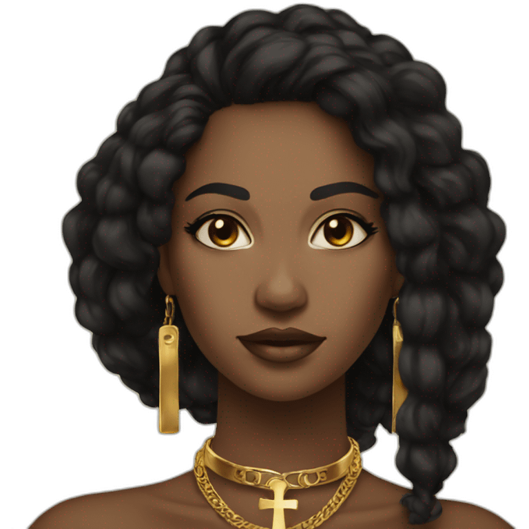 A Beautiful Black woman black hair brown eyes with gold necklace with ankh emoji