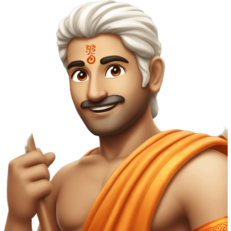 hindu guy with sandalwood paste on forehead, waving a saffron flag with jai shri ram written on the flag emoji