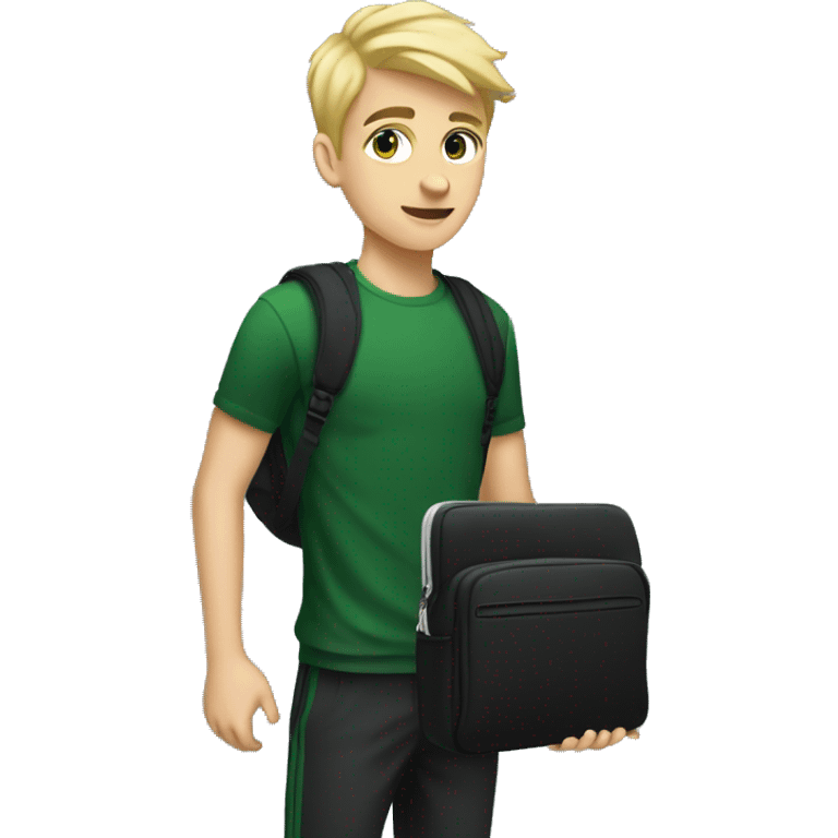 A tall blonde male teenager, 17 years old, holding a black laptop bag, wearing a dark green shirt and tracksuit pants emoji