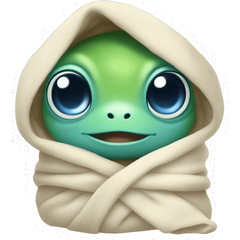 Baby frog with blue eyes wrapped in a towel emoji