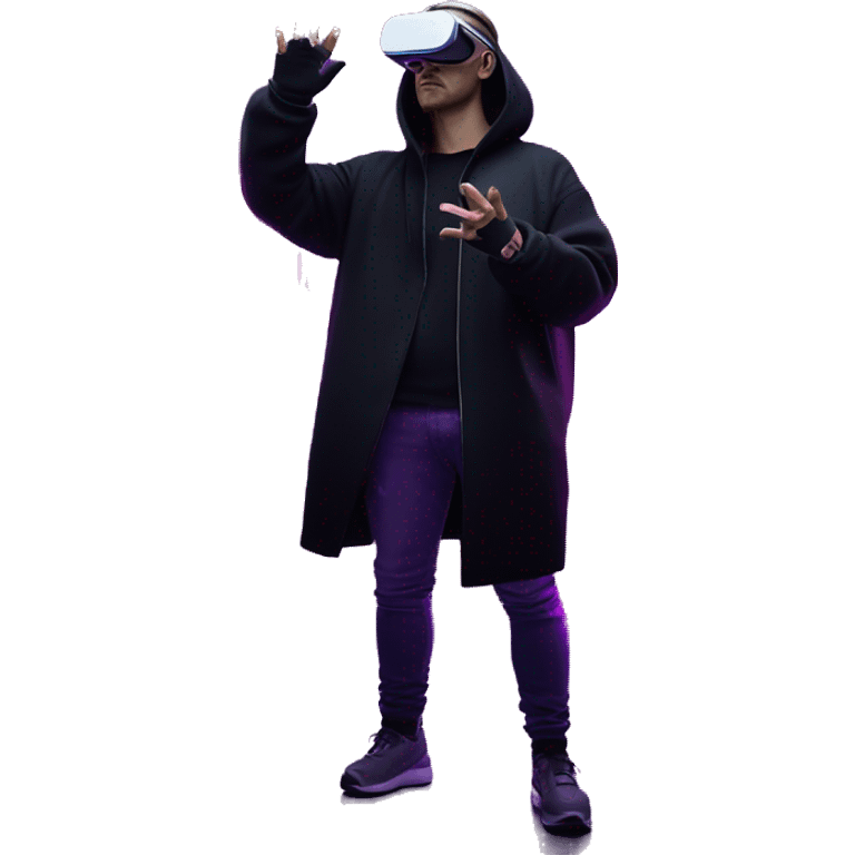 Russian man wearing a black hoodie with "OMG" letters on it and VR headset oculus quest 2 in a cyberpunk VR environment with violet neon lighting. Showing direction with hand emoji