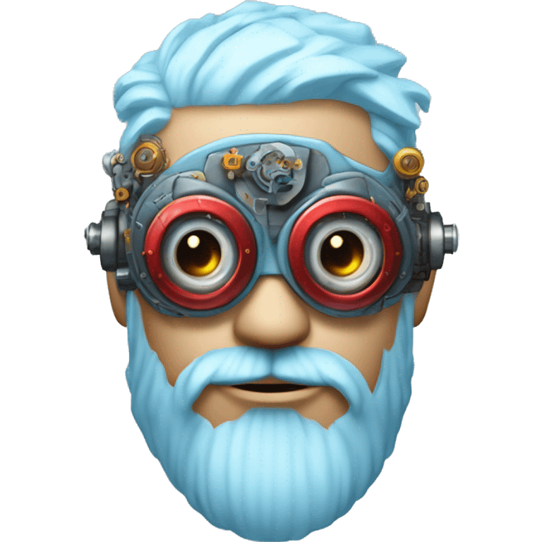  Short light blue haired male cyborg head with light blue beard, red steampunk goggles and circuits emoji