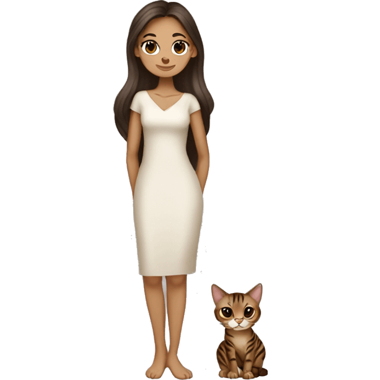 Beautiful skinny woman long dark brown hair in dress hug bengal cat emoji