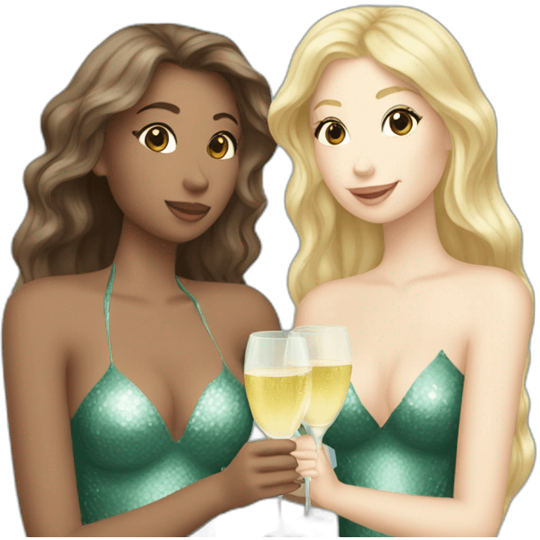 Three beautiful mermaids (two brown hair and blond one) drinking prosecco emoji