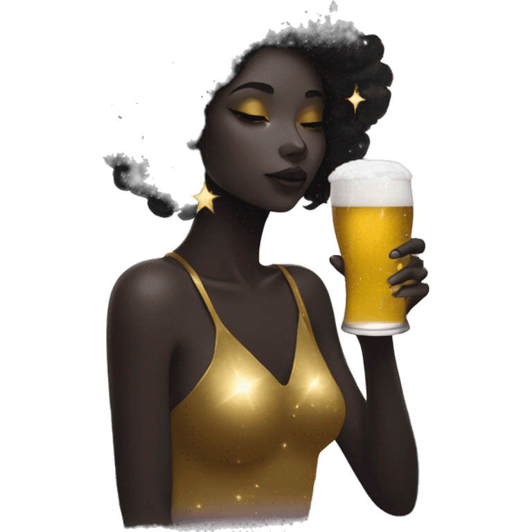 Ethereal galactic Girl wearing black and gold sat on a nebula galaxy drinking beer surrounded by golden stars and planets emoji