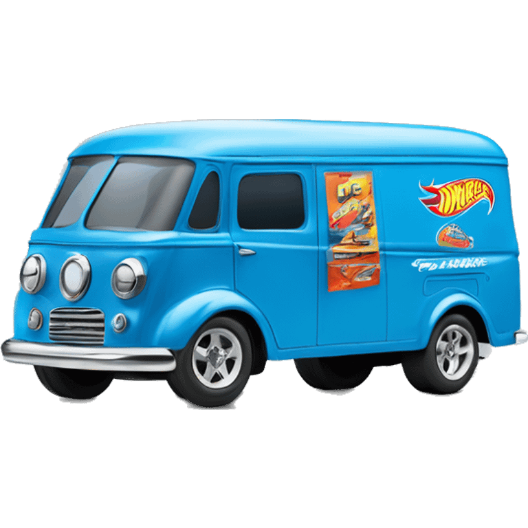 Side-on shot, Hot wheels, Hot rod, large panel van truck,1970 with exposed chrome exhaust pipes, blue, large wheels in back, large logo on the side Stinky’s Diaper Cleaner, emoji