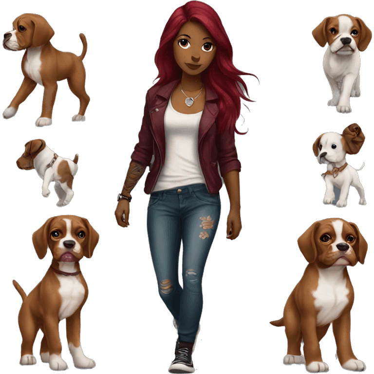 Beautiful tattooed  burgundy long haired woman walking a boxer puppy emoji