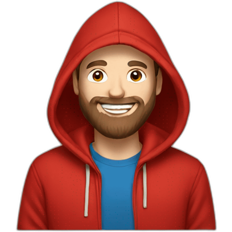 white dude smiling with a brown beard and short brown hair with a red hooded hoodie with "Posh" embroidered on the hoodie emoji