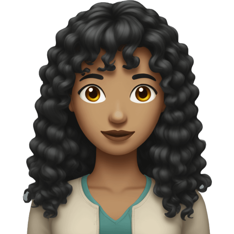 woman with long black curly hair and bangs and dark brown eyes emoji