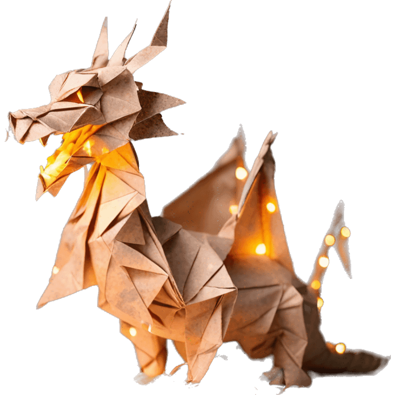 Beige Origami dragon made of newspapers on fire surrounded by fairy lights swirls covered in dried flowers bokeh library bunting floral flowers fire flames emoji