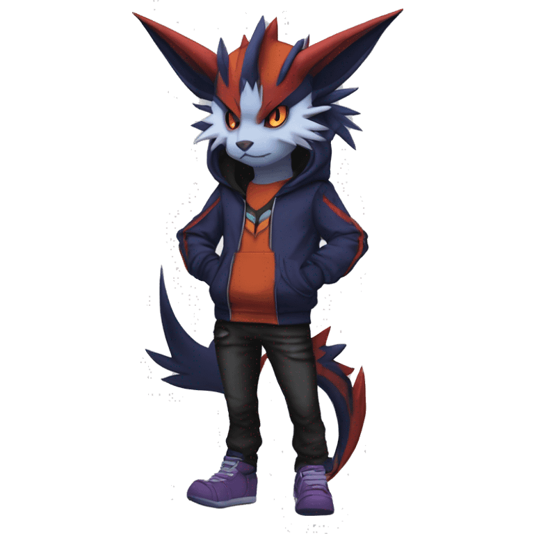 Cool Anthro Dark Absol-Noivern-Quilava-Litten-Pokémon with edgy stripes hoodie spiked collar punk Full Body emoji