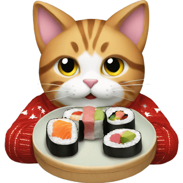 A cat wearing a Christmas sweater eating sushi  emoji