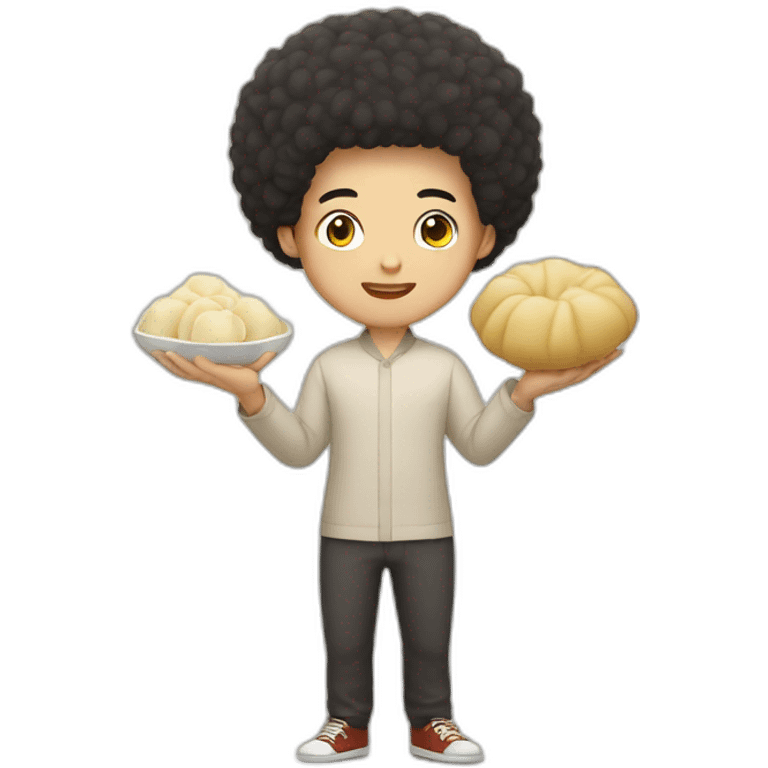 Asian guy with afro haircut with a dumpling in his hand emoji