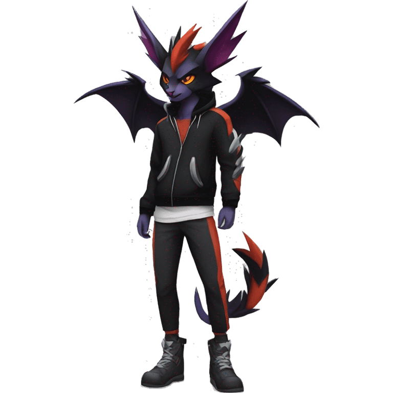 Cool Anthro Black Noivern-Absol-Litten-Pokémon with edgy stripes hoodie spiked collar punk Full Body emoji