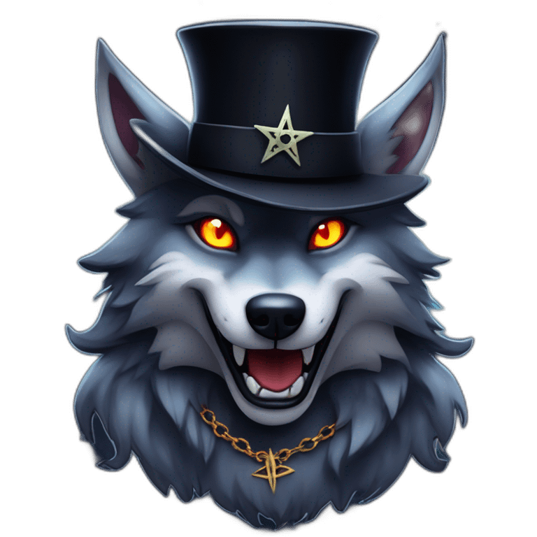 demonic wolf with a pentagram top hat and a pentagram chain with a haunting night background emoji