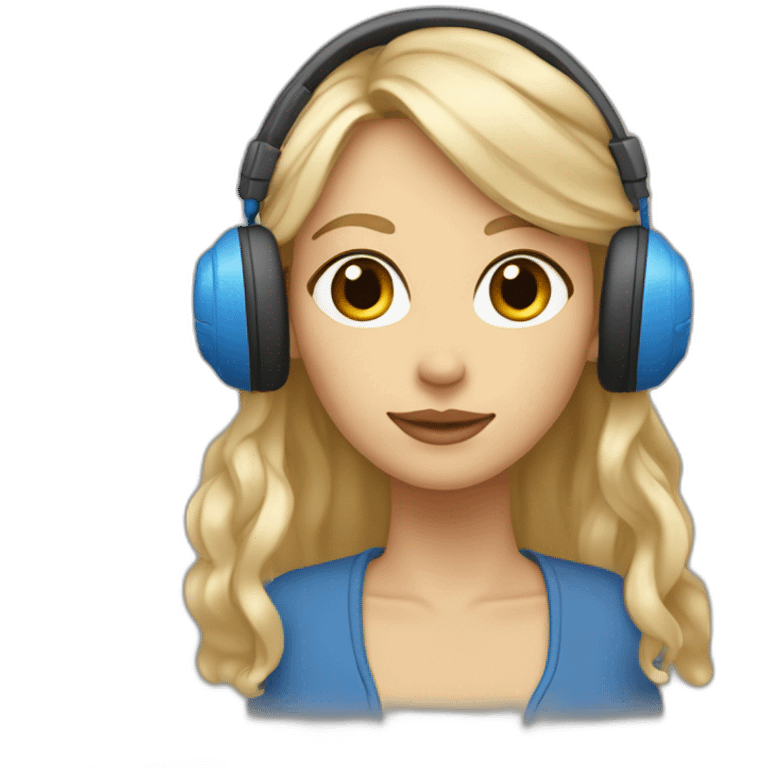 Femme yeux bleus, cheveux longs et blonds, avec un casque musique beige emoji