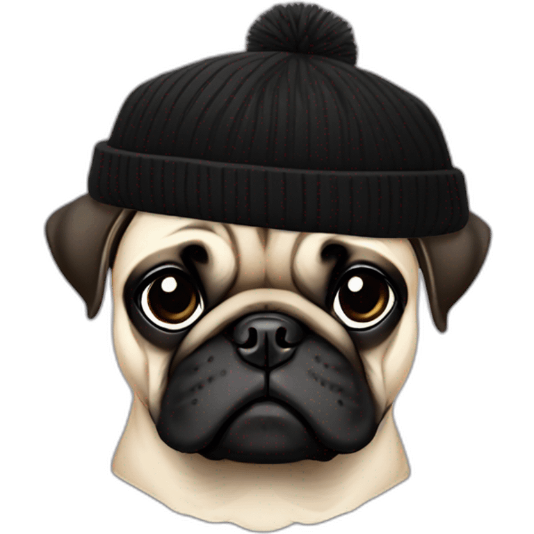 A Pug wearing a black beanie cap emoji