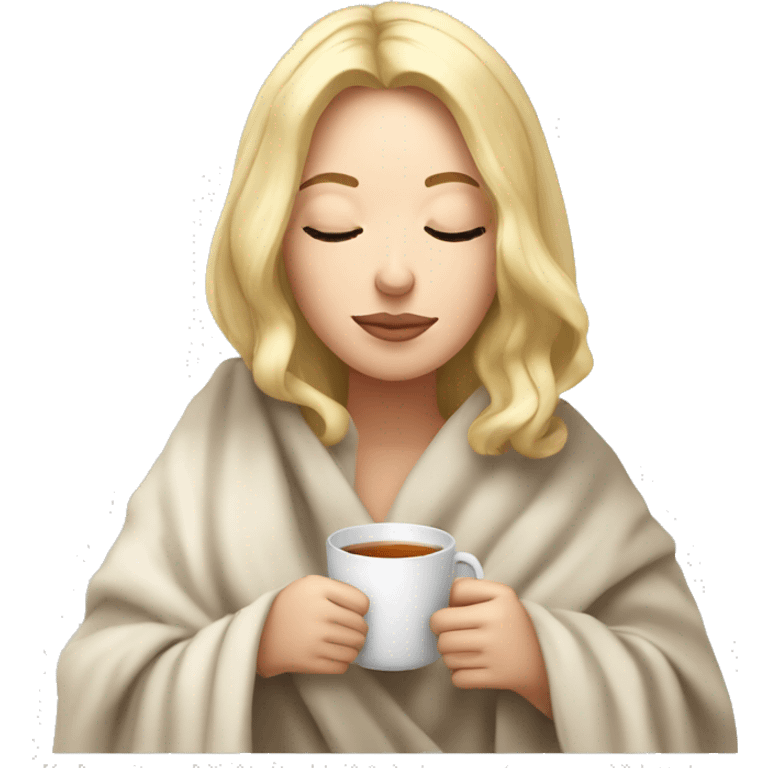 White Girl with blonde hair sipping tea with eyes closed and blanket around head emoji