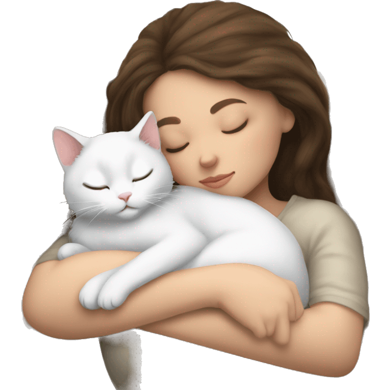 White kitty sleeping on brunette white girl's lap emoji